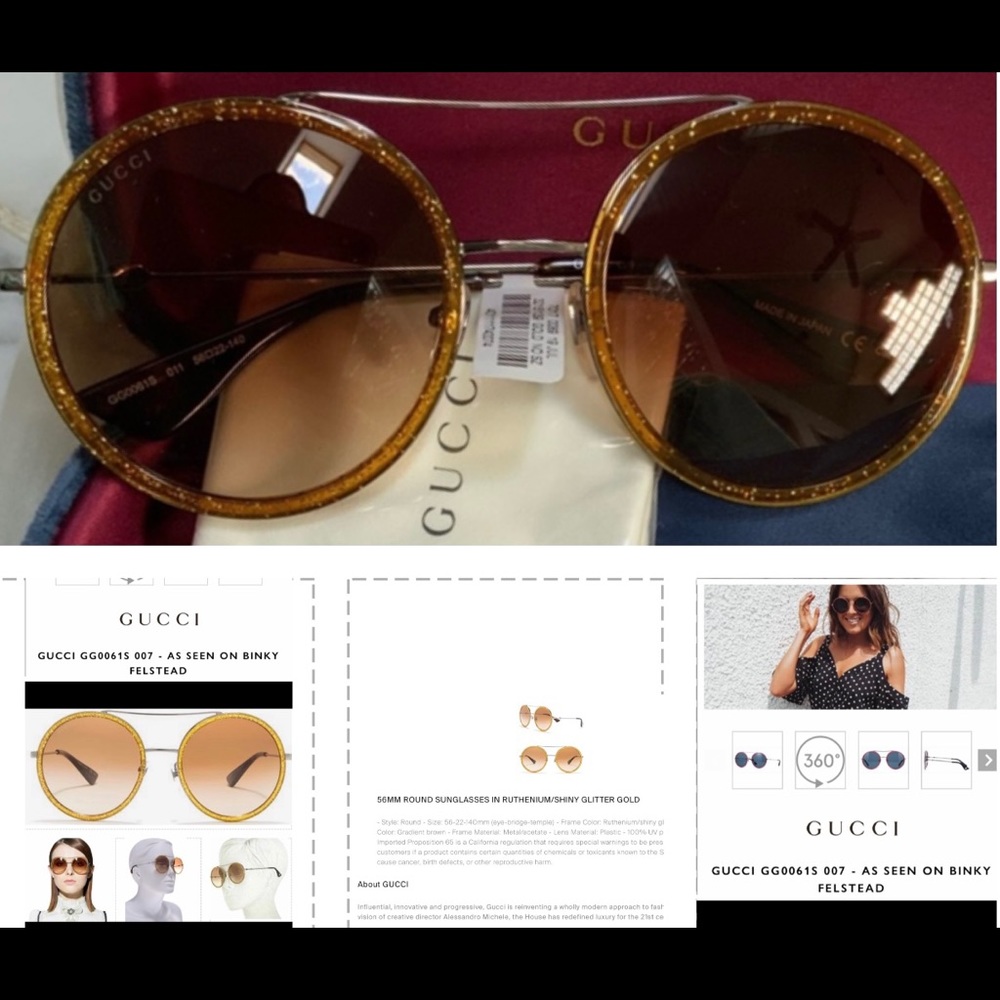 GUCCI UNISEX GOLD GLITTER ROUND SUNGLASSES, 2024 FASHION STATEMENT IS ROUND - Picture 16 of 16